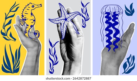 Ocean life trendy collage design. Halftone hands holding sea horse, jellyfish and starfish.