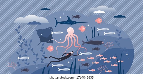 Ocean life with underwater fauna in flat tiny persons concept vector illustration. Sea wildlife drawing with diver and fishes as beautiful nature scene. Tropical environment exotic deep swimming.