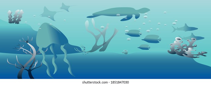 Ocean life. Underwater life. stingray, shark, coral, caretta caretta, cuttlefish.