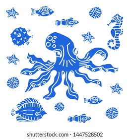 Ocean life vector concept. Blue shapes of an octopus, seahorse, seastar and different type of fish. 