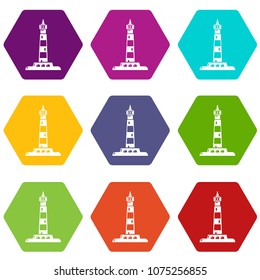 Ocean lighthouse icons 9 set coloful isolated on white for web