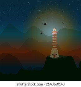 Ocean lighthouse on hill. Landscape with mountains, night starry sky and beacon. Lonely lighthouse tower at nighttime. Nautical navigation safety tower. Peaceful seaside beacon. Vector illustration