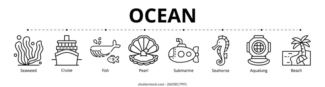Ocean Line Banner Web Icon Set Vector Illustration