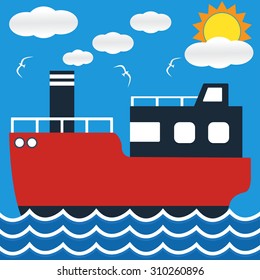 Ocean liner boat ship at sea view in day with big sun and wave. flat design vector illustration.