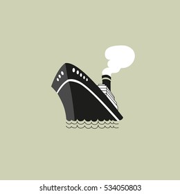 Ocean liner icon. Nautical symbol concept. Freehand drawn cartoon retro style. Design of cruise ship travel emblem. Vector sea vessel vintage advertisement label background. Marine sail logo template