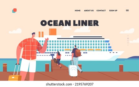 Ocean Liner Landing Page Template. Tourists Characters Waiting Boarding On Cruise Ship at Wooden Pier. People in Marine Voyage on Vacation, Passengers Stand with Luggage. Cartoon Vector Illustration