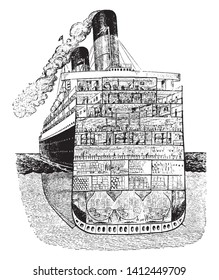 Ocean Liner es un buque de pasajeros que se utiliza principalmente como medio de transporte a través de mares o océanos, trazado de líneas vintage o ilustración de grabado.