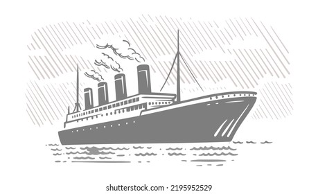 Ocean Liner in sea. Vintage steam transatlantic ocean cruise ship.