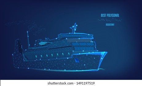 Ocean liner, ship from Polygonal of triangles and points. Concept of business trip, travel or tourism, logistic, shipping. Background of beautiful dark blue night sky. Low poly.