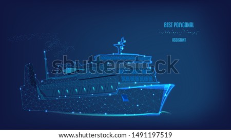 Ocean liner, ship from Polygonal of triangles and points. Concept of business trip, travel or tourism, logistic, shipping. Background of beautiful dark blue night sky. Low poly.