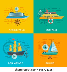 Ocean liner world cruise and yacht club sailing 4 flat icons square banner abstract isolated vector illustration