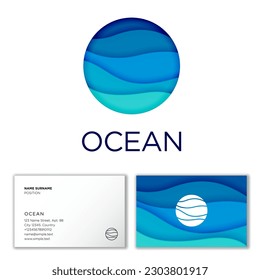 Ocean logo. Blue and turquoise waves in a circle. Paper cut effect design style. Business card