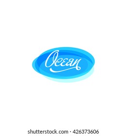 Ocean logo. Clear water emblem. Blue circles and letters, transparent, isolated on white background. Delivery of water. Seafood shop.