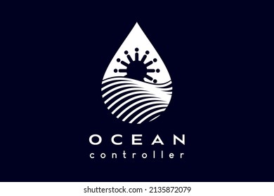 Ocean logo design, ocean icon and ship steering wheel with creative concept in drops of water. Modern vector illustration