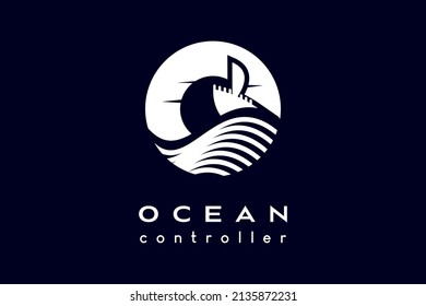 Ocean logo design, ocean icon, sun or moon and ship icon with creative concept in circle. Modern vector illustration