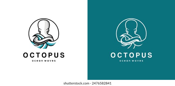 Ocean logo design with octopus tentacles hugging waves illustration