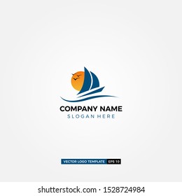 ocean logo design with ship, sun, bird vector template