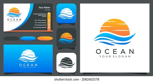 Ocean logo design template. water wave combine sun or moon.