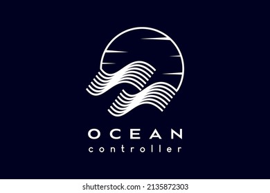 Ocean logo design, wave icon in line art blends with moon or sun icon. Modern vector illustration