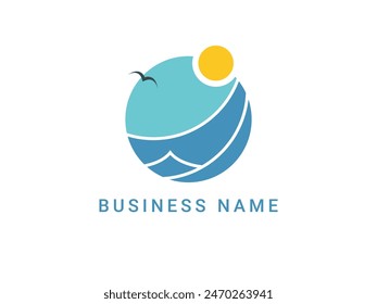 Logotipo del océano, onda del mar con el sol y la ilustración del pájaro