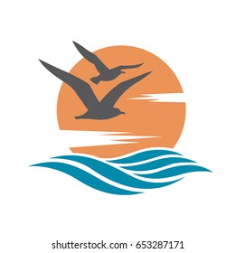 ocean logo with sun and seagulls