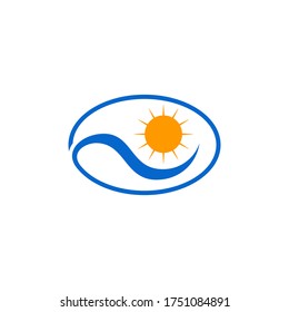 Logotipo oceánico, diseño de sol y olas, aislado en fondo blanco.