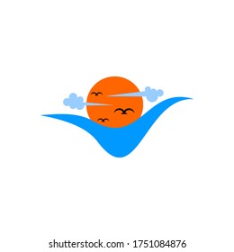 Vector de logotipo oceánico. Concepto de diseño de sol, aves, nubes y agua. Aislado sobre fondo blanco.