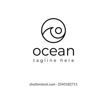 Logotipo del océano. Ola y sol con una línea del marco del círculo.