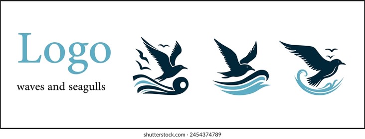 logo del océano con olas y gaviotas