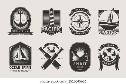 Ocean logotype set. Marine labels with sea elements, ship, wheel, anchor navigational compass, sailor lighthouse, lifebuoy, binoculars.