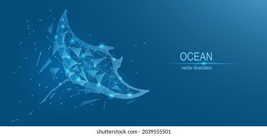 Ocean, manta ray. Abstract low poly background. Plexus of lines of triangles and  points,. Vector illustration.