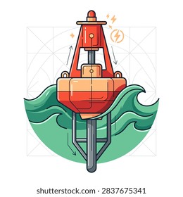 Ocean and marine concept with buoy generating ocean wave energy vector featuring sea waves, underwater life, and beach scenery for travel and nature projects.