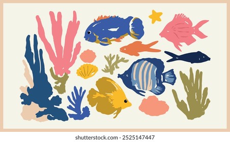 Ocean Marine Life Coral Reef Fish vector set illustration