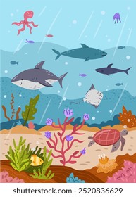 Oceano e vida marinha, peixes e tubarões, polvo e tartaruga nadando sob a água. Fundo do mar com recife de coral e ervas daninhas biodiversidade botânica. Ilustração vetorial em estilo de desenho animado plano