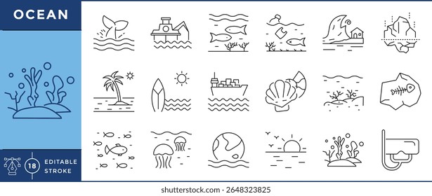 Ocean and Marine Life Line Icons Set | Sea Animals, Waves, and Ecosystem | Editable Stroke