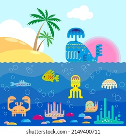The ocean with marine life near the tropical shores against the background of the blue sky and the setting sun