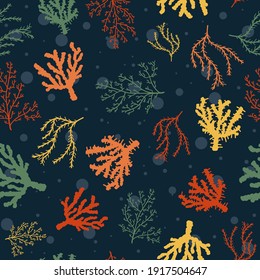 Ocean and marine life seamless pattern with corals and algaes. Botanical and tropical repetitive background with underwater plants and bubbles. Summer thematic design with reefs and seabed.