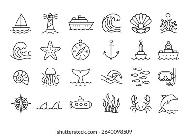 Ocean and Marine Life Vector Icons Set for Nautical Designs and Summer Projects