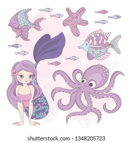OCEAN Mermaid Princess Cartoon Sea Summer Tropical Cruise Vacation Vector Illustration Set