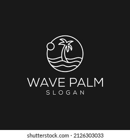 ocean minimalist line art logo design. ocean beach view with palm tree and sunset line art simple logo template vector illustration design