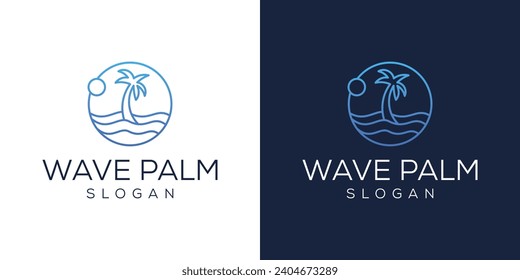 Ocean minimalist line art logo design ocean beach view with palm tree and sunset line art simple