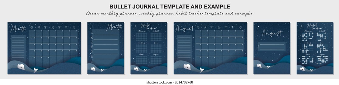 Ocean monthly planner, weekly planner, habit tracker template and example.  Template for agenda, schedule, planners, checklists, bullet journal, notebook and other stationery.