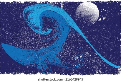 Ocean, moon and Blue Abstract Waves . Sunset Logo Element. Surfing Icon . Brush Stroke wave . Vector Illustration. 