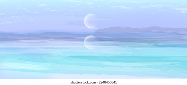 Ocean moonscape abstract banner. Minimal vector background in calm blue and lilac colors. Light pastel landscape with watercolor elements. 