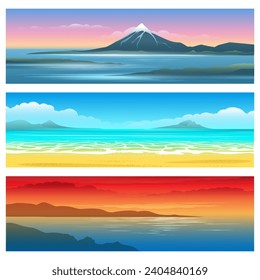 El paisaje oceánico y montañoso. Ilustración vectorial de las nubes marinas de las islas de la costa