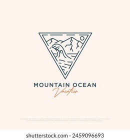 Ocean Mountain logo design with line art  vector minimalist illustration template, travel agency logo inspiration sign