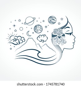 ocean, mountains and planets as a part of beautiful female profile, vector
