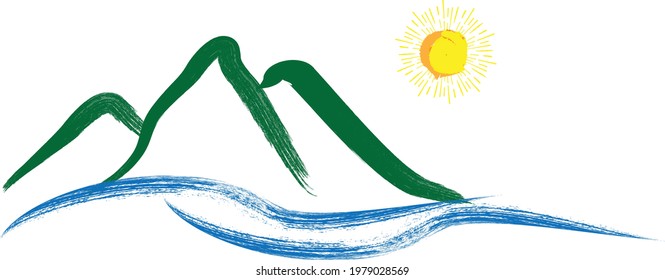Ocean, mountains, sun and Blue Abstract Waves . Grunge Logo Element. Surfing Icon . Brush Stroke . Vector Illustration. 