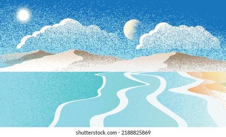 Ocean, mountains, sun, moon, waves and sandy beach. Summer landscape  . Vector Illustration. 