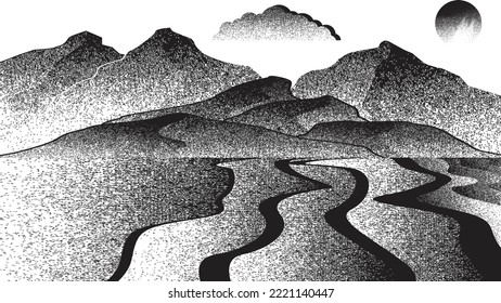 Ocean, mountains, sun, moon, waves and sandy beach. Summer landscape  . Vector Illustration. 